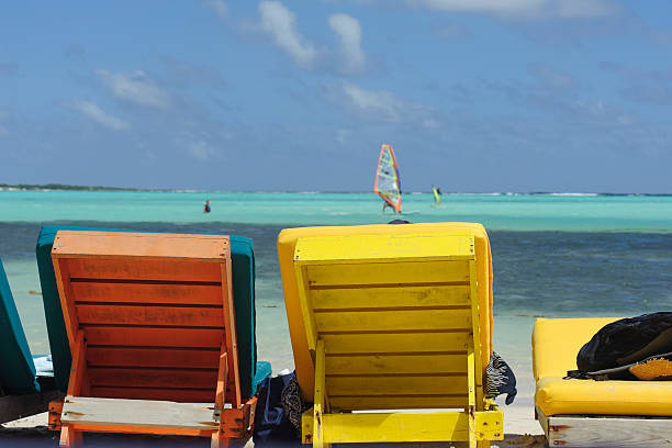 colorful lounge chairs at sorobon, bonaire  collorful stock pictures, royalty-free photos & images