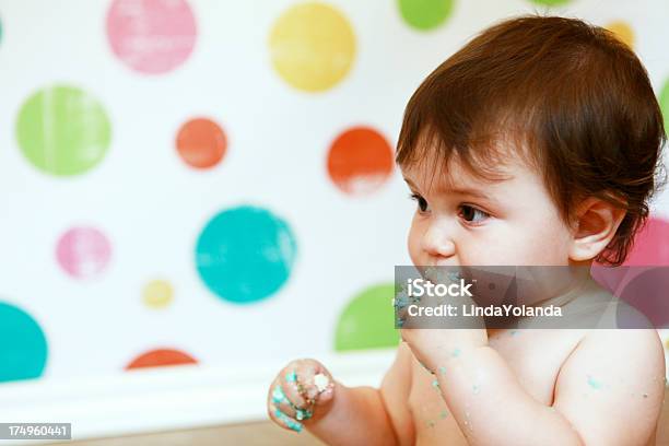 Baby Boy Eating First Birthday Cake Stock Photo - Download Image Now - Birthday, Sticky, Babies Only