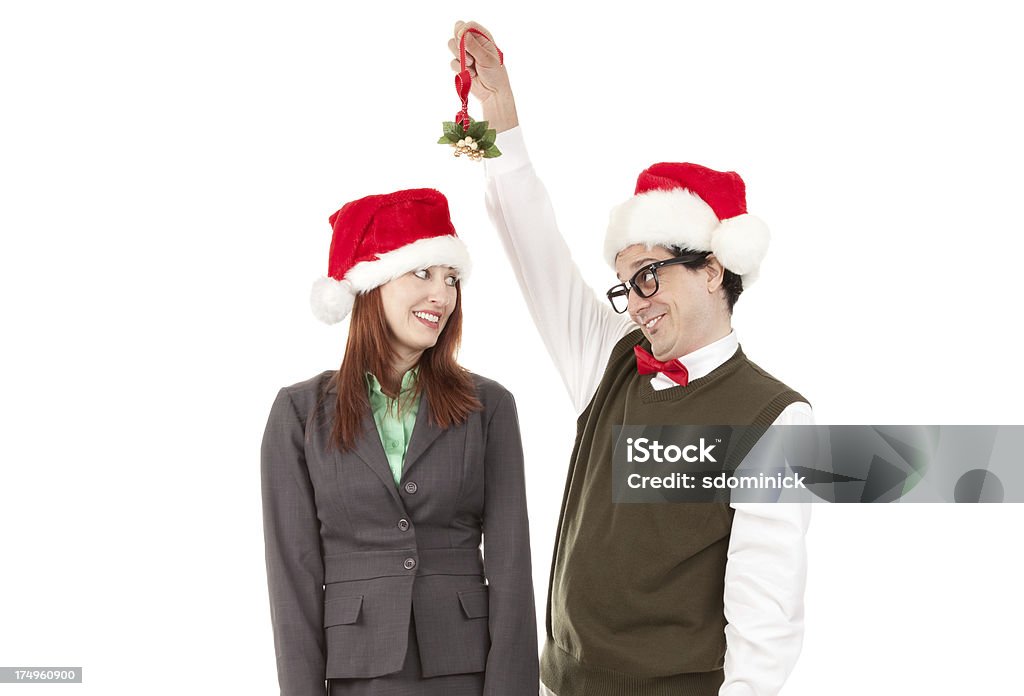 Mulher pensando em beijando Nerd com Mistletoe - Foto de stock de 35-39 Anos royalty-free