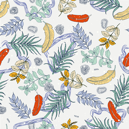 Beach cheerful seamless pattern wallpaper of tropical dark green leaves of palm trees and flowers bird of paradise (strelitzia) plumeria on a light yellow background