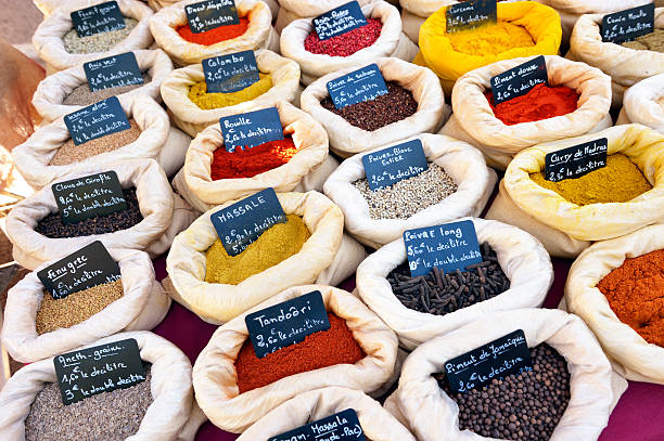 Spicery at the market Various spicery on sale at a traditional street market in South France - Provence spicery stock pictures, royalty-free photos & images