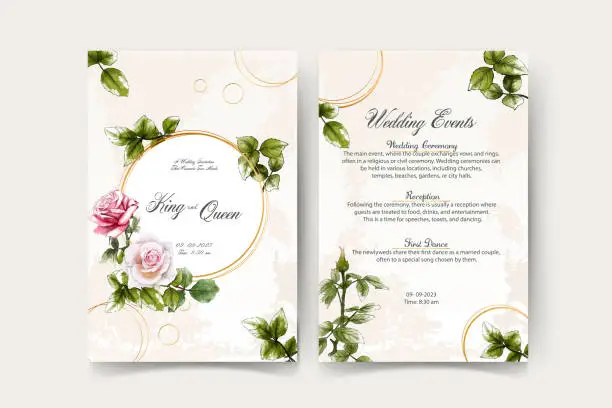 Vector illustration of Set of card with flower rose, leaves. Wedding ornament concept. Floral poster, invite. Vector decorative greeting card or invitation design background