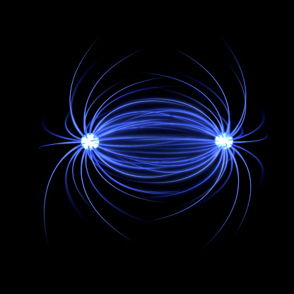 Two spheres and magnetic field. 3d image on black