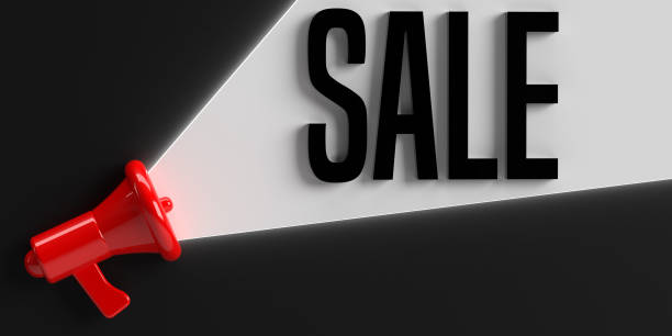 Black Friday Super Sale advertising concept. Realistic 3D megaphone and discount announcement text on black background, copy space. Horizontal composition promo banner, sales poster, website header and flyer. 3D illustration design for leaflets and flyers.