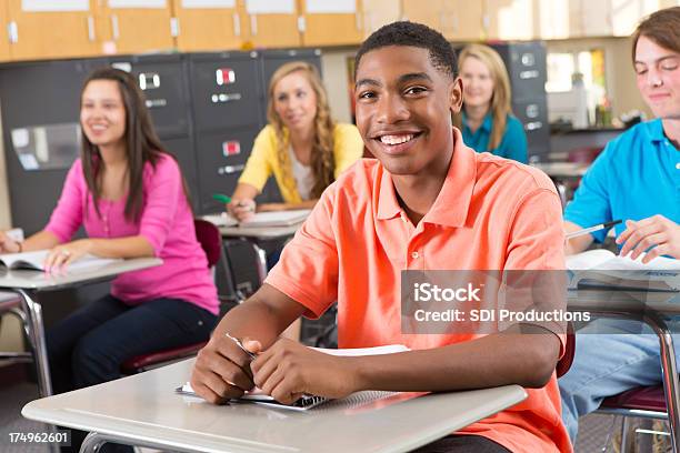 Happy High School Student In Class Stock Photo - Download Image Now - Adolescence, African Ethnicity, Alertness