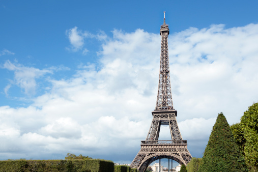 Eiffel Tower landscape view.  Space for copy.  Alternative version shown below: