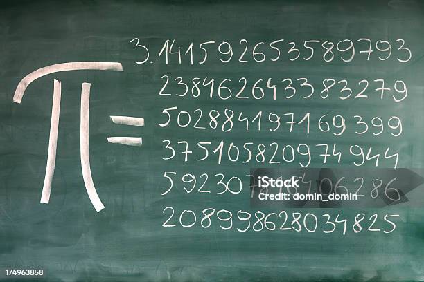 Handwritten Pi Numbers On Green Chalkboard Stock Photo - Download Image Now - Pi - Number, Number, Chalkboard - Visual Aid