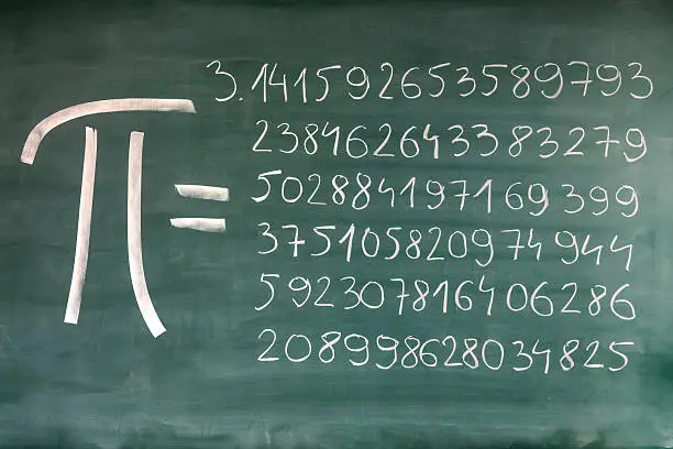 Photo of Hand-written Pi numbers on green chalkboard