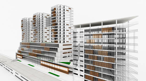 Residential and Office Buildings. Wireframe 3D Render. Scale Model. Architecture. stock photo