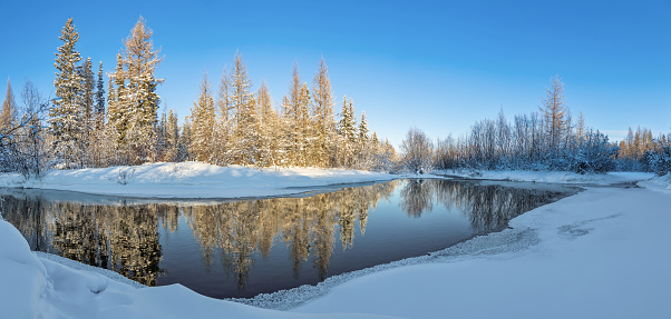 Winter landscape with a small river and forest reflected in the water, in South Yakutia, Russia