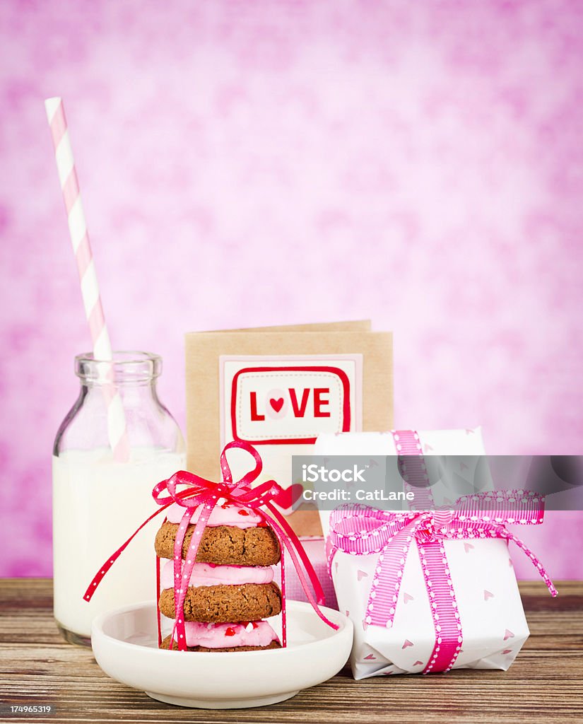 Valentine's Day Cookies and Milk Valentine's Day Cookies, Milk, Gift and Card (made by me) Brightly Lit Stock Photo