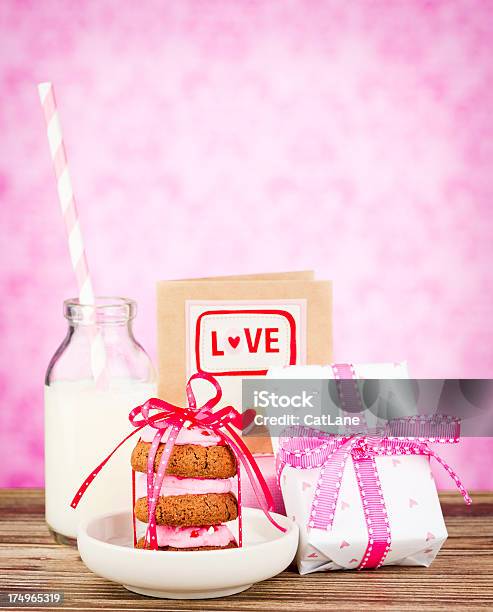 Valentines Day Cookies And Milk Stock Photo - Download Image Now - Brightly Lit, Brownie, Candy
