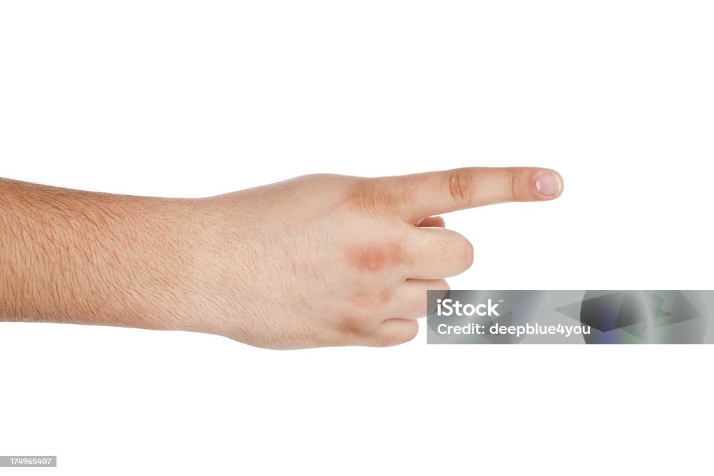 Pointing, touching or pressing hand on white pointing male finger  on white Accessibility Stock Photo
