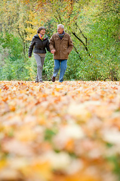 felice sorridente coppia senior a piedi attraverso il parco in autunno - alternative health care foto e immagini stock