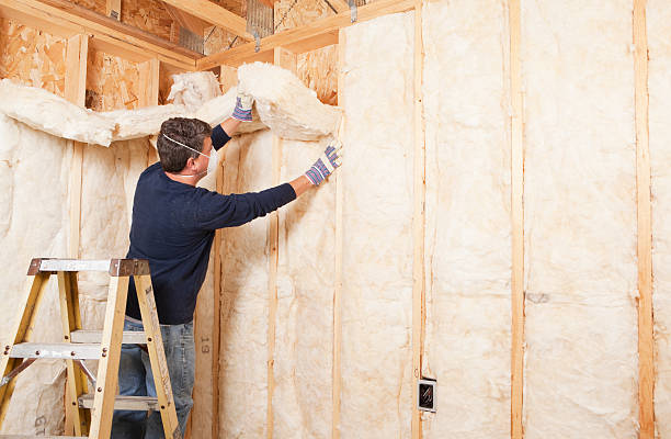 Construction Worker Insulating Wall with Fiberglass Batt stock photo