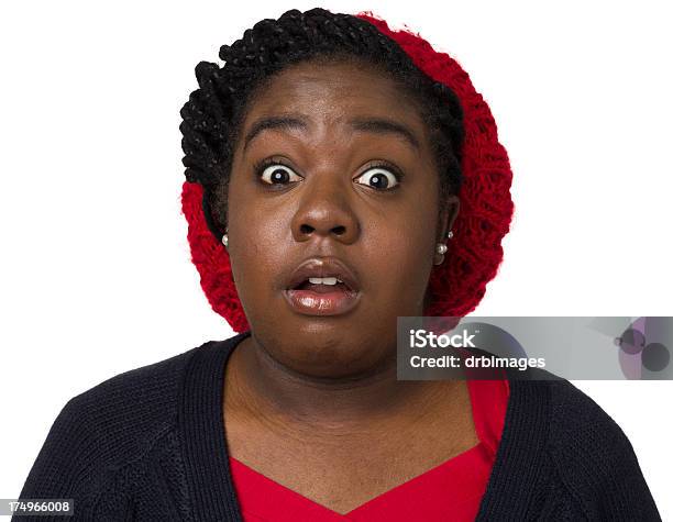 Scared Young Woman Looking At Camera Stock Photo - Download Image Now - Cut Out, Knit Hat, Looking At Camera