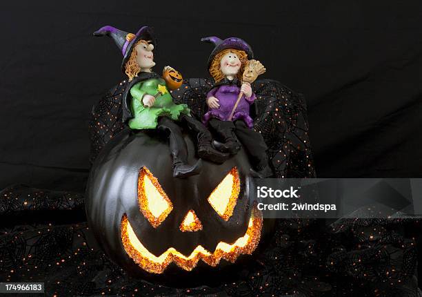 Witches On A Jack Olantern Stock Photo - Download Image Now - Anthropomorphic, Autumn, Broom