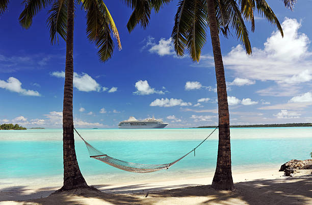 Closeup of hammock, palm trees at tropical island A cruise  ship passes an idyllic tropical island in the South Pacific with hammock and palm trees in semi-silhouette cruising stock pictures, royalty-free photos & images