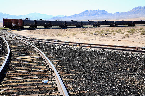 istock Desolate Desert Scenic With Railway Tracks And Fuel Tanks 174968838