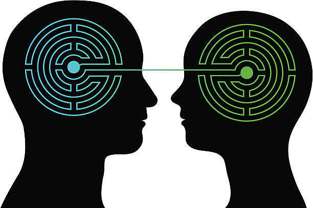 Couple with labyrinth brains communicate head silhouettes of a couple with a labyrinth inside their heads showing the complexity of the human brain and emotions with an interconnecting line between their heads, complex communication maze silhouettes stock illustrations