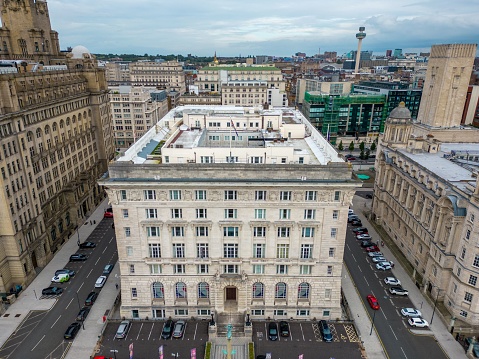 Liverpool, United Kingdom – October 05, 2023: Aerial view of the dynamic cityscape of Liverpool, United Kingdom, bustling with life and energy