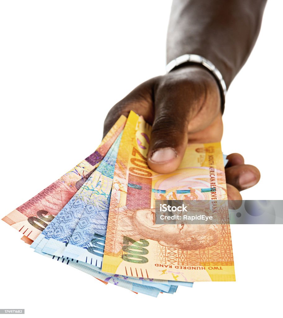 Masculino mão segure fora sheaf das novas notas África do Sul - Royalty-free Origem Africana Foto de stock