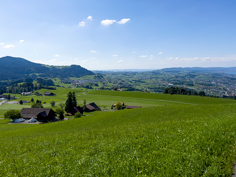 Wide meadows and villages on Lake Zurich.
