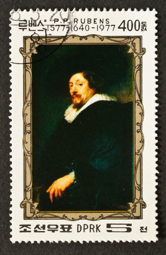 A 1977 postage stamp issued by North Korea commemorating the  400th anniversary of the birth of the Flemish artist Peter Paul Rubens (1577-1640)and features a self portrait of the artist.