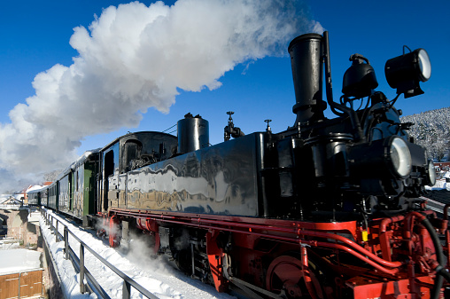 Nostalgic steam train, Weißeritztalbahn in Germany (Schmiedeberg, Ore Mountains)
