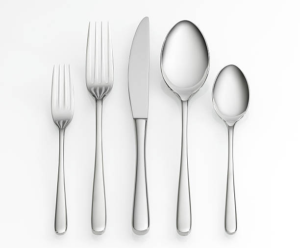 garfo, faca e colher conjunto - fork silverware table knife silver imagens e fotografias de stock