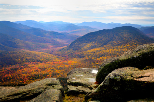 View towards the south/southeast from the Mt. Garfield summit. View includes a good section of the Pemigewasset Wilderness and to the right a good part of the remote Owl's Head Mountain. Mt. Garfield is located on the northern rim of the White Mountains of New Hampshire. This was taken at the height of the foliage season for 2012.