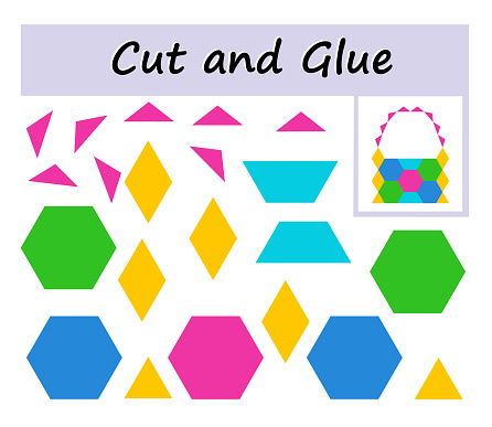 Educational paper game for kids. Cut parts of the image and glue on the paper. DIY worksheet. Cartoon wicker basket.