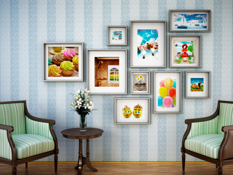 Picture frames hanging on the wall covered with vintage wallpaper. Classic style furnitures. All images used in the picture frames are my own 3D renders and illustrations.. The file comes with a clipping path for easy cleaning so you can easily place your own images.Similar images: