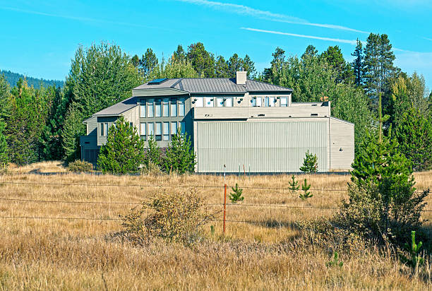 istock House with built-in airplane hangar in central Oregon 174974368