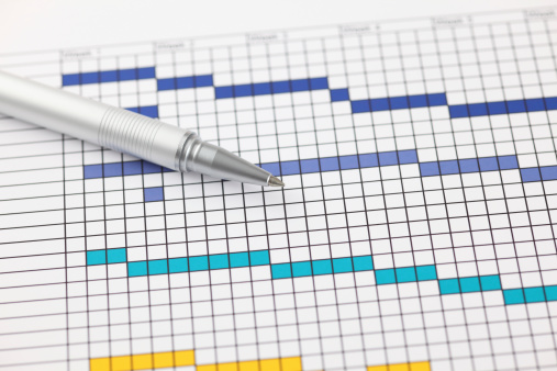 Project Plan (Gantt chart) with ballpoint pen. Close-up.