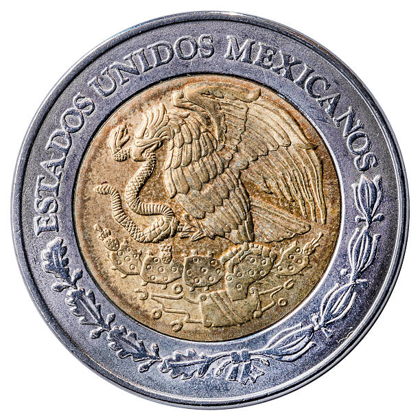 istock Two Mexican dollar coin isolated on white 174974723