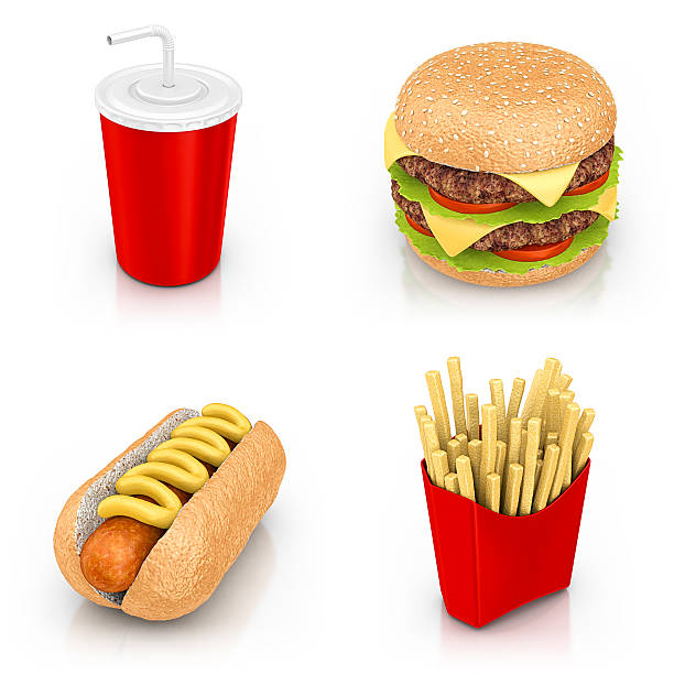 fast-food-icons - three dimensional hamburger unhealthy eating isolated on white stock-fotos und bilder