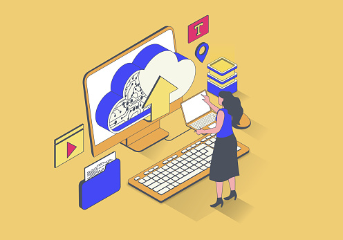 Cloud computing concept in 3d isometric design. Woman works with data processing, sync, uploading and downloading information online. Vector illustration with isometry people scene for web graphic