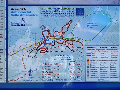 Rasen-Antholz, Italy - October 10, 2021: Information sign of Cross Country tracks around Südtirol South Tyrol Biathlon Arena Alto Adige in Antholz Valley