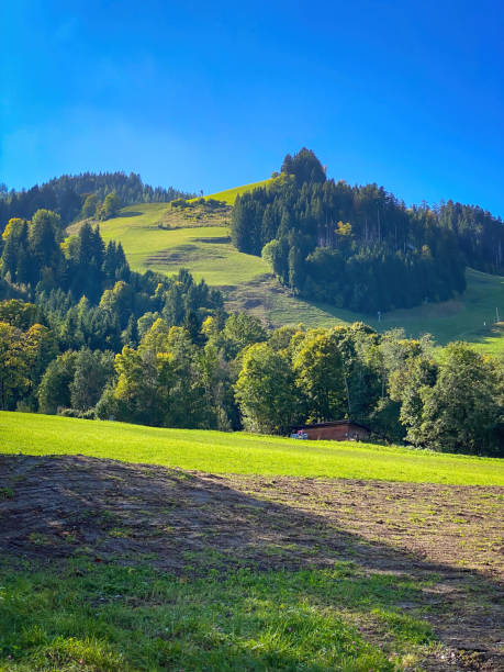 vista panoramica della pista da sci alpino streif a kitzbühel, austria in autunno - hahnenkamm foto e immagini stock