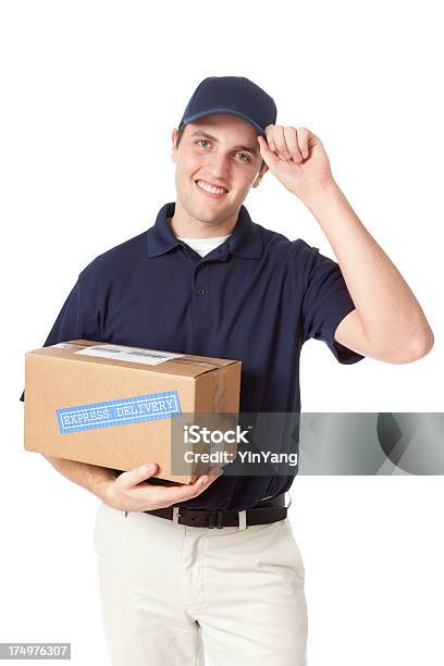 Zuverlässigen Earnest Lieferung Mann Mit Paket Auf Weißem Hintergrund Stockfoto und mehr Bilder von Abschicken