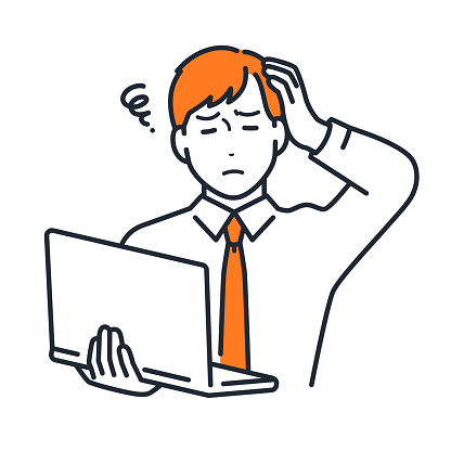 Simple vector illustration material of a young businessman suffering from computer troubles