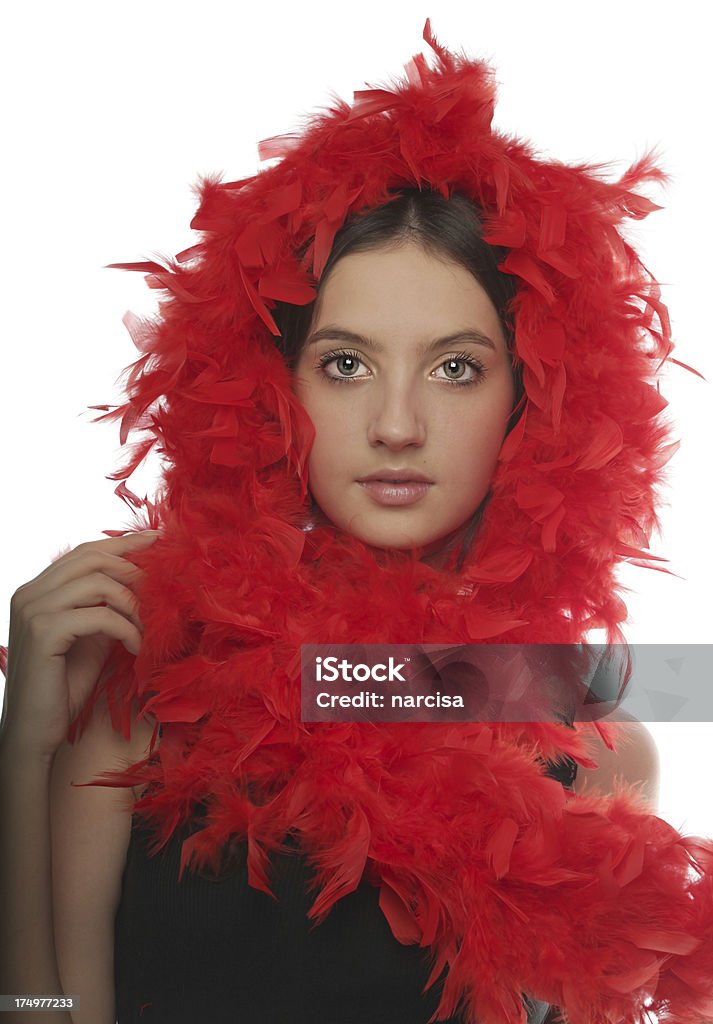 Girl With Red Boa Feathers On White Stock Photo - Download Image Now -  Feather Boa, White Background, Adult - iStock