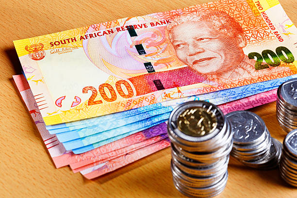 新しい南アフリカ・マンデラ banknotes とシルバー coinage - nelson mandela wildebeest blue new ストックフォトと画像