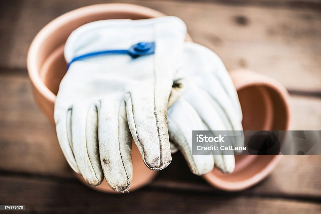 Vieux jardinage gants et des Pots de fleurs - Photo de Accessoire libre de droits