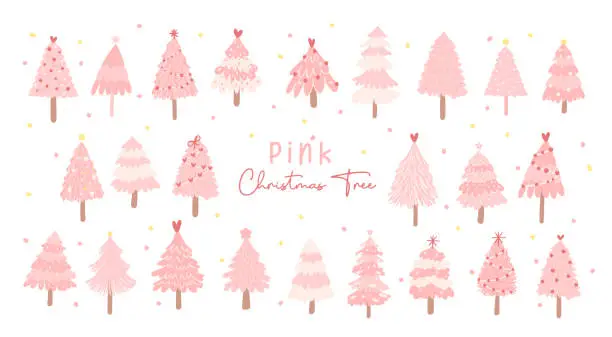 Vector illustration of Festive Pink Christmas Tree Set. Cheerful Flat Design Collection