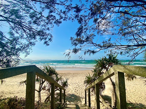 Horizontal vanishing point seascape of wood stairs going to sandy beach with ocean waves under tropical tree at Wategos Beach Byron Bay Australia