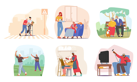 Set Elderly Characters Engage Outdoors Sport, Crossing the Road, Visit Artist Workshop, Watching Movies, Sitting on bench in Park, Volunteer Care of Senior at Home. Cartoon People Vector Illustration