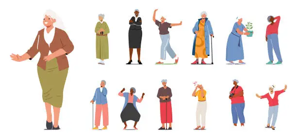 Vector illustration of Set Of Senior Female Characters Lifestyle. Old Women Dance, Feel Pain, Use Photo Camera And Care Of Houseplants