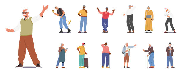 Set Of Elderly Male Characters Rock Musician With Microphone, Old Man Thinking, Dancing, Travel With Luggage Set of Elderly Male Characters Rock Musician with Microphone, Old Man Thinking, Dancing, Travel with Luggage and Map, Feel Pain, Use Gadgets and Walking Cane. Cartoon People Vector Illustration old man smiling stock illustrations